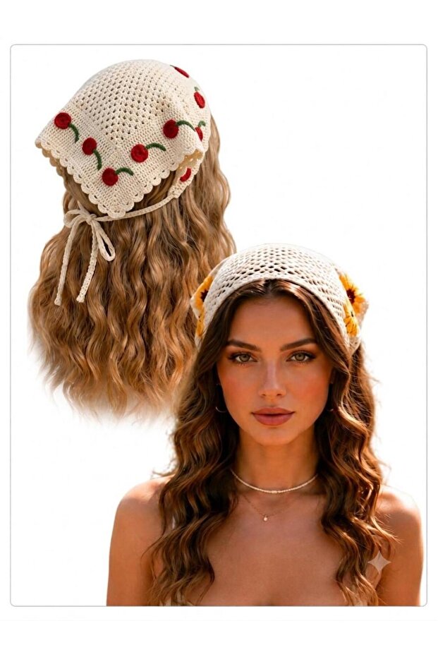2-Piece Combination Yellow Daisy Knitted Bohemian Crochet Cherry Pattern Bandana Suitable for Adults and Children