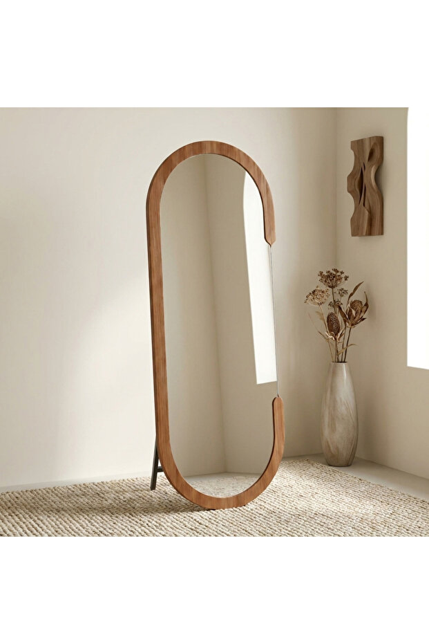 مرآة أرضية كاملة الطول 160 × 60 سم بتصميم مقوس وإطار خشبي