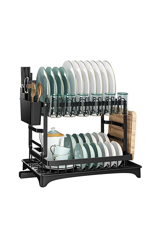 Countertop Dish Rack with Drainer and Cutlery Organizer for Kitchen Storage Black