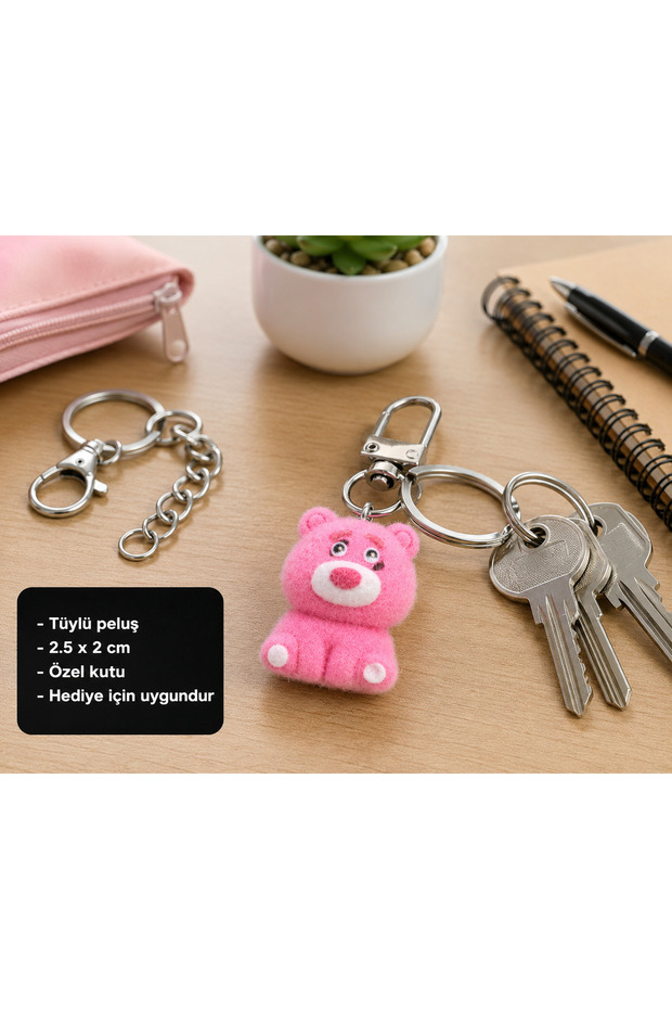 Pinky Bear Furry Plush Charm Keychain Cute Teddy Bear Bag Accessory Gift