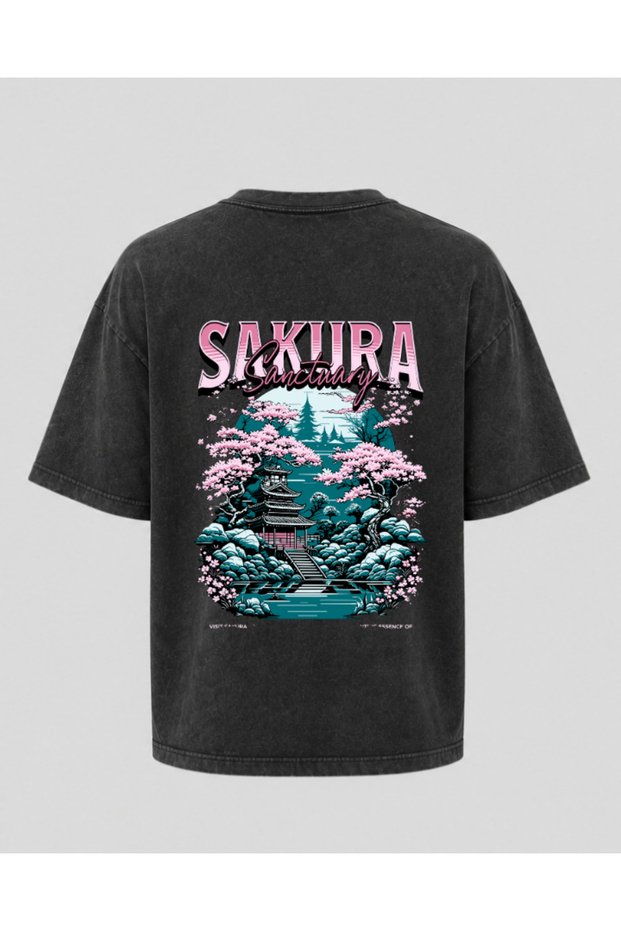 Japanese Temple and Cherry Blossom Pattern Back Print T-Shirt