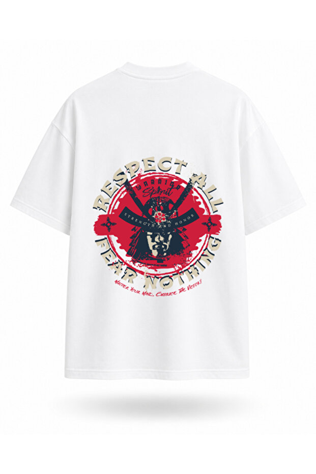 Samurai Mask Printed Oversize Unisex T-Shirt Japanese Warrior Graphic Streetwear Back Printed Tee Shirt