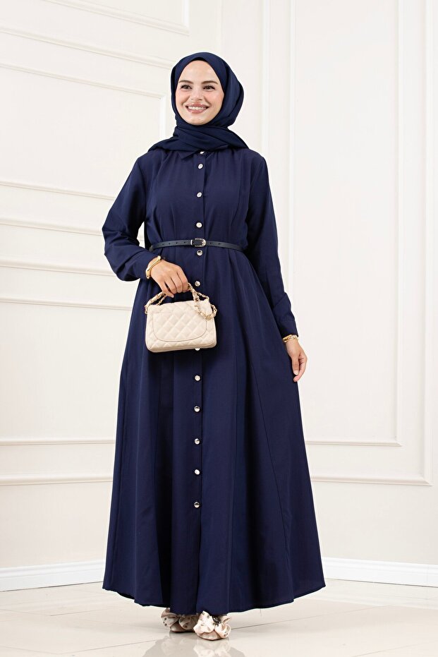 Shirt Collar Belted Berra Dress-Dark Blue