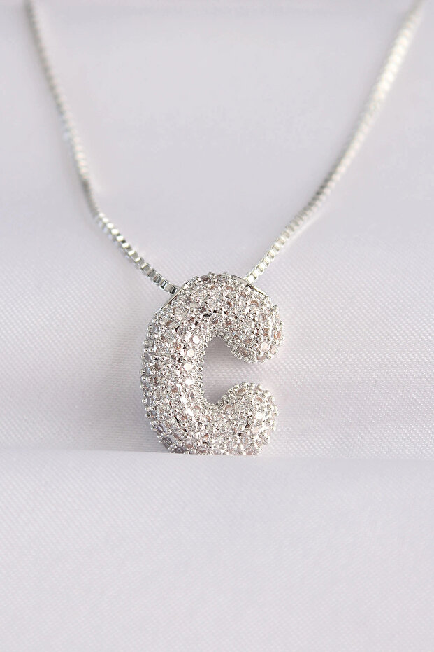 316L Steel Chain Zircon Stone C Letter Silver Color Bubble Necklace