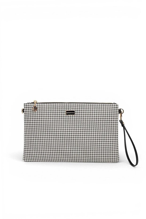 Black - Black Houndstooth Plaid Women's Portfolio and Clutch Handbag Sp1034