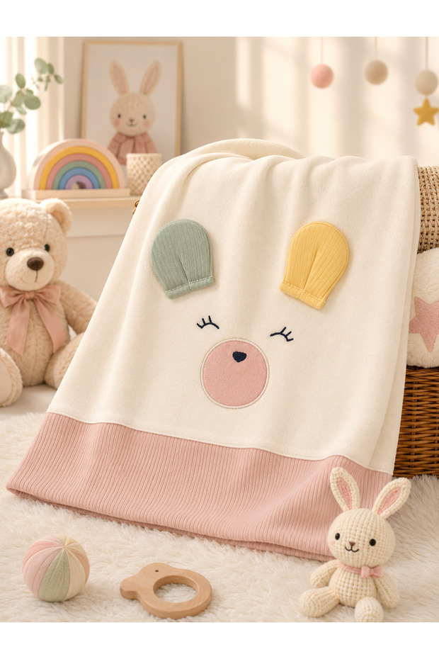 100% Cotton Interlock Baby Blanket with Cute Teddy Bear Figure 85X90 cm 4 Seasons Use