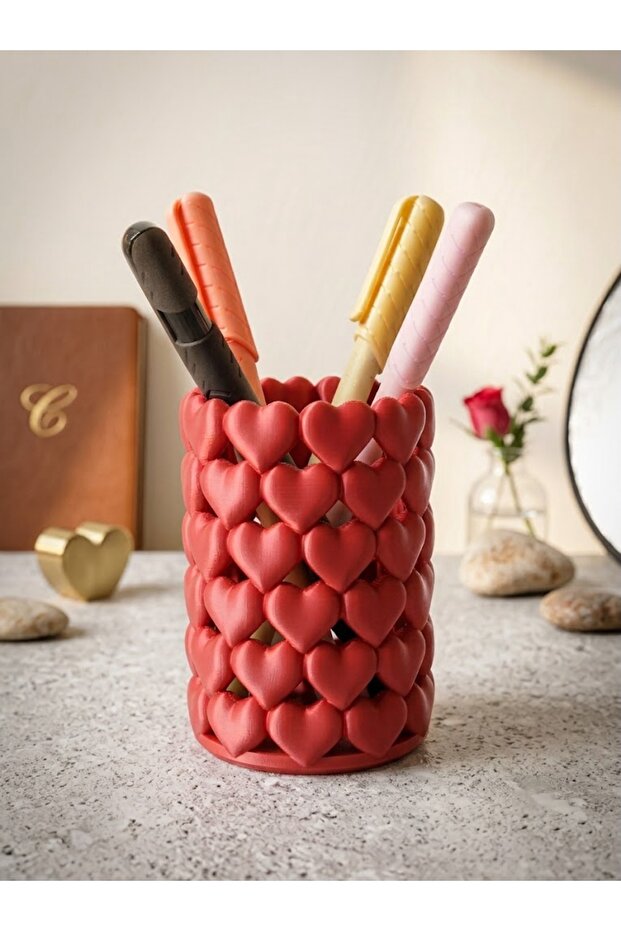 Heart Patterned Desk Pen Holder - Multi-Purpose Organizer