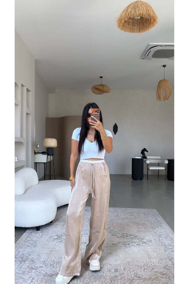 Beige Shiny Satin Trousers with White Detail at the Waist