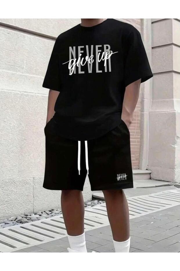 Never Give up Printed 100% Cotton Double Pocket Plus Size Men's T-Shirt Shorts Set
