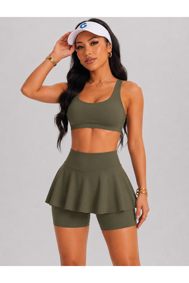 Women's High Waist Inner Leggings Mini Sport Skirt-Crop 2 Piece Set