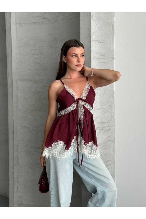 Women's Lace Detailed Strappy Blouse with Guipure, Thin Fabric, Stylish Bustier