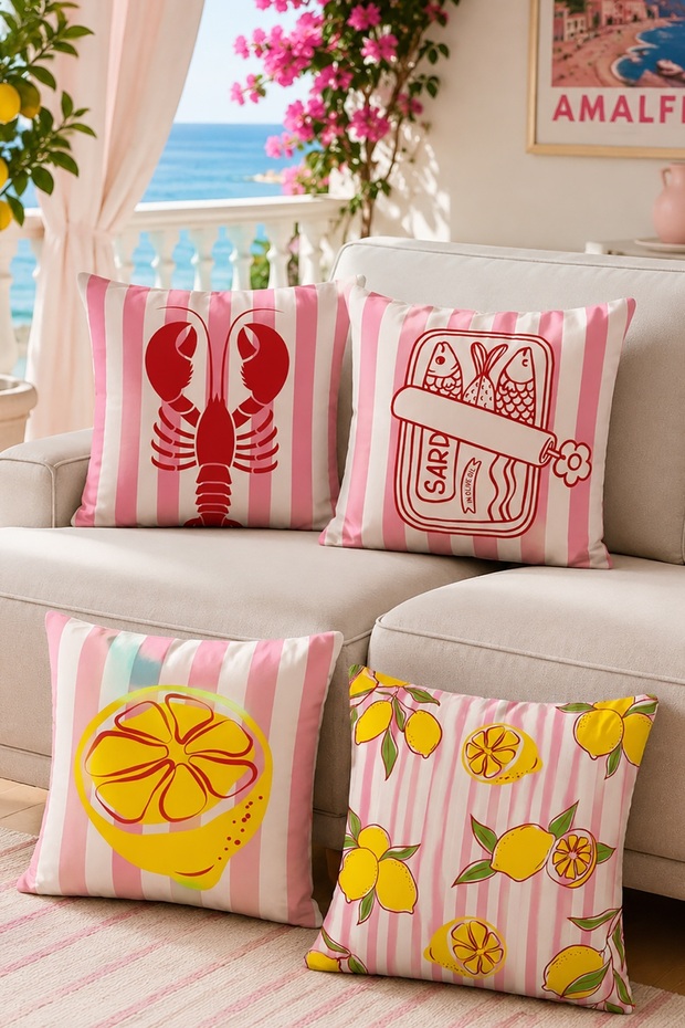 Lemon and Lobster Patterned 4-Piece Throw Pillow Cover Set