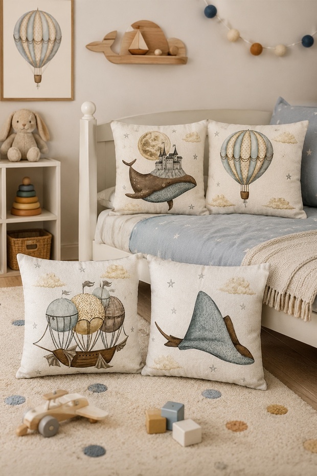 Flying Animal and Balloons Patterned 4-Piece Children's and Baby Pillow Cover Set