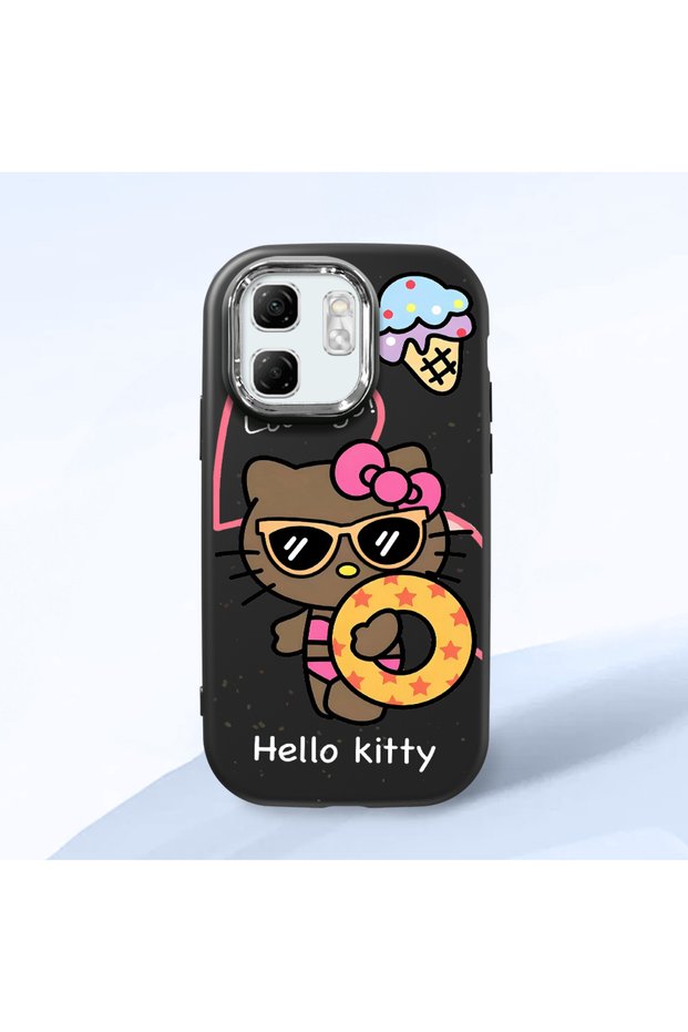 Infinix Hot 50I Compatible Case Camera Protector Black Silicone Couple Phone Case with Kitty Pattern