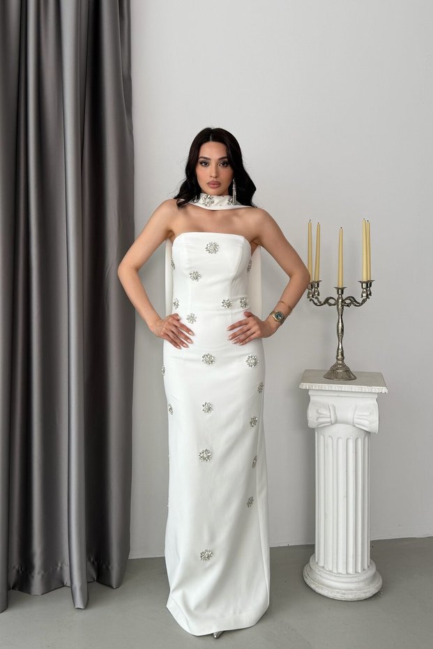 White Strapless Floral Stone Embroidered Long Evening Dress with Shawl Detail