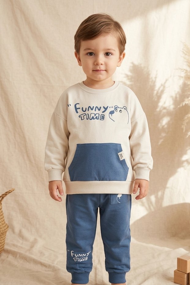 Milo Unisex Kids' Beige & Blue Funny Time Teddy Bear Printed Sweatshirt with Kangaroo Pocket and Jogger Bottom Top Set