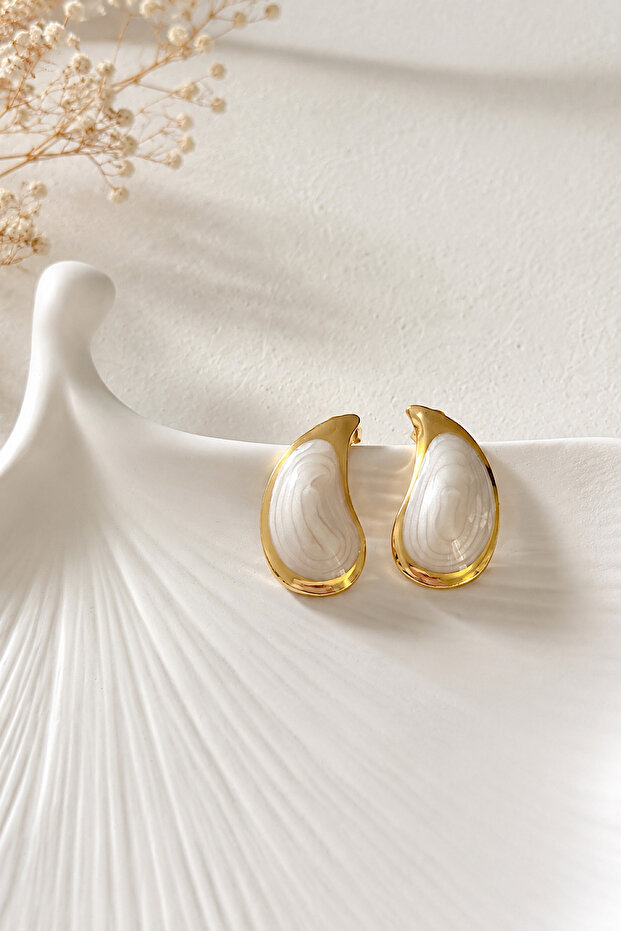 Gold Color White Patterned Drop Model Stainless Steel Women's Earrings