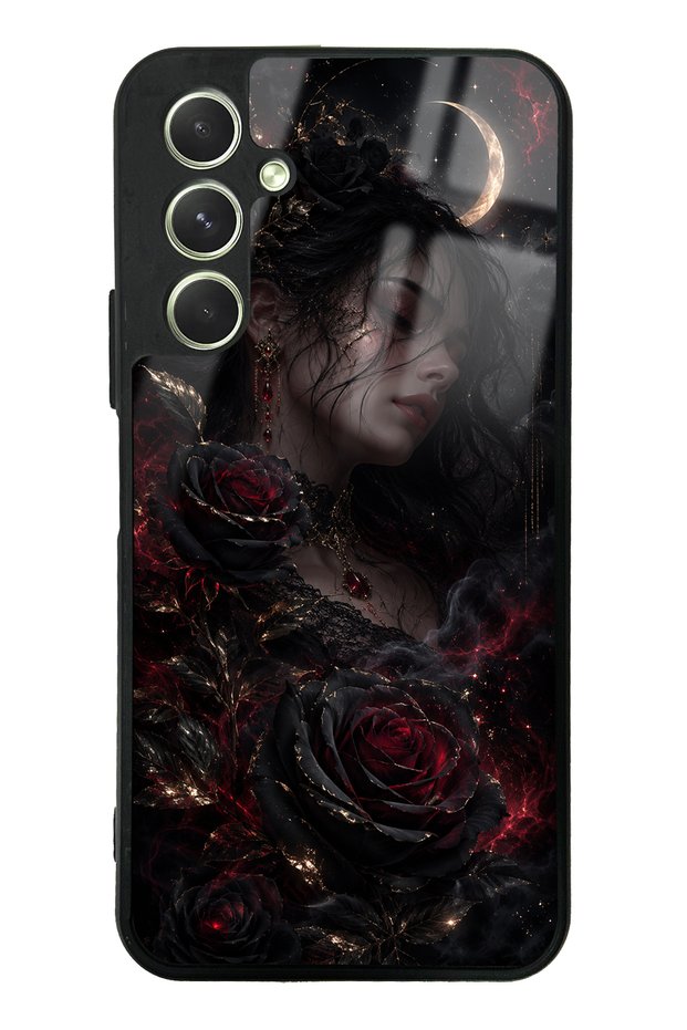 Samsung A54 Glossy Phone Case with Crimson Moon Rose Design