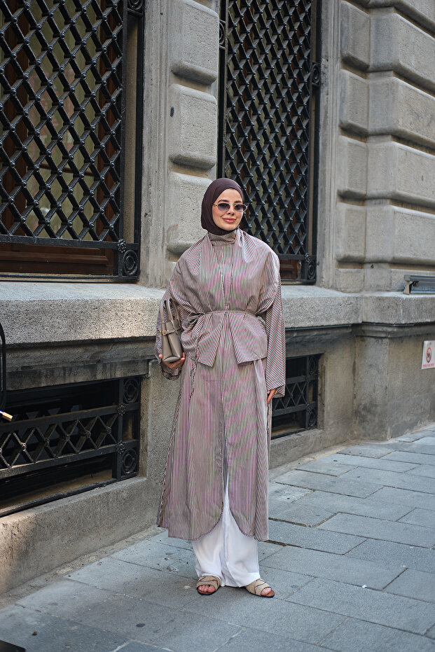 Women's Shawl Detailed Thin and Thick Striped Long Tunic Brown