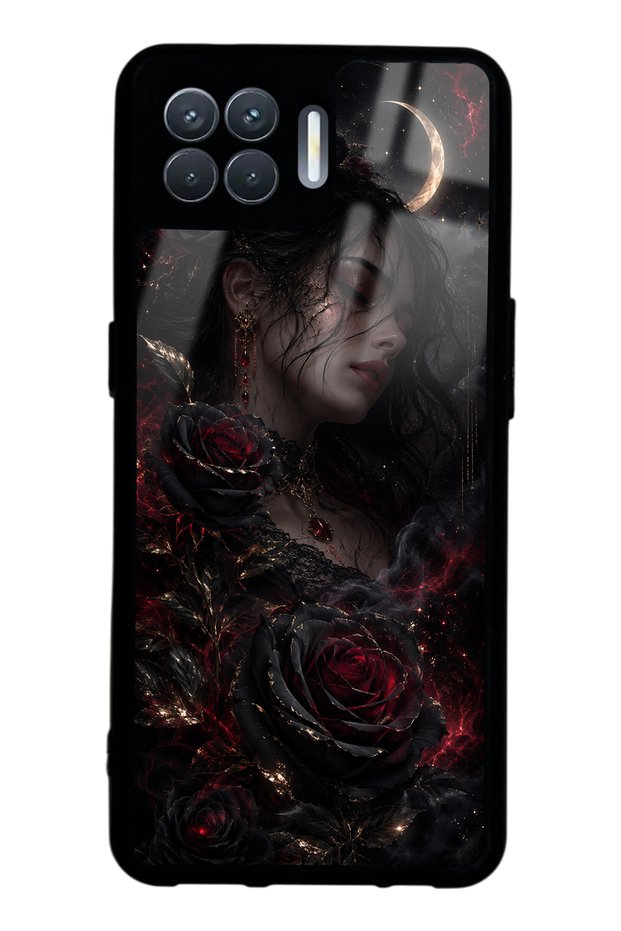 Oppo Reno 4 Lite Glossy Phone Case with Crimson Moon Rose Design