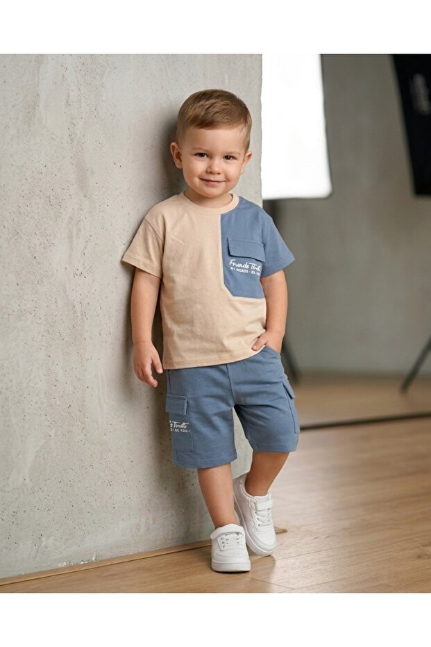Boy's Summer Pocket Detailed T-Shirt and Shorts Set for Ages 2-3-4-5-6, 2-Piece Top and Bottom Set