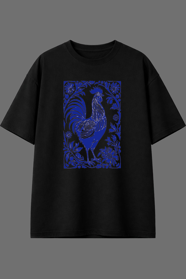 Rooster Table Design Pre-Printed Black Oversize T-Shirt