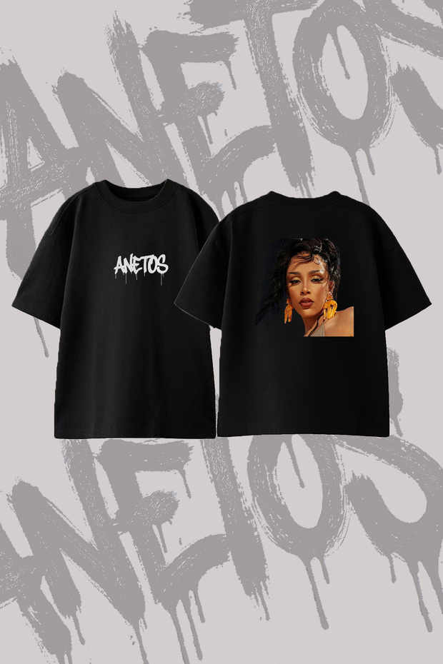 تي شيرت Doja Cat_5 من القطن الأسود المطبوع من الخلف بتصميم كبير الحجم
