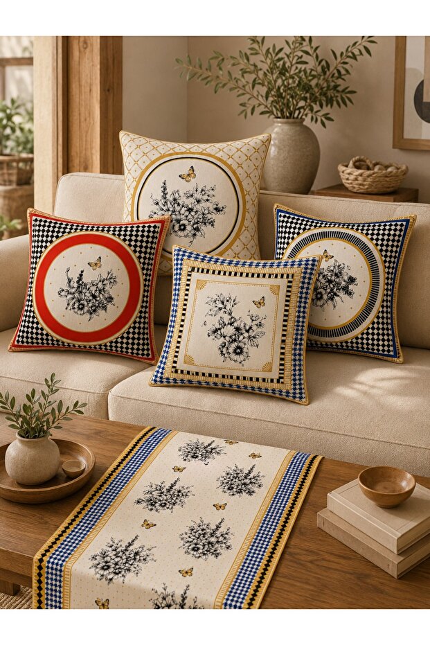 Set of 4 Decorative Throw Pillow Covers 43X43 cm and Runner 40X140 cm with Classic Floral Pattern