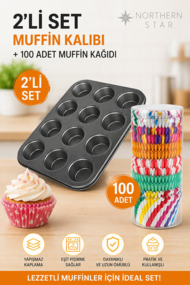 2-Piece Muffin Set – 12-Cavity Muffin Pan + 100 Polka Dot Muffin Papers