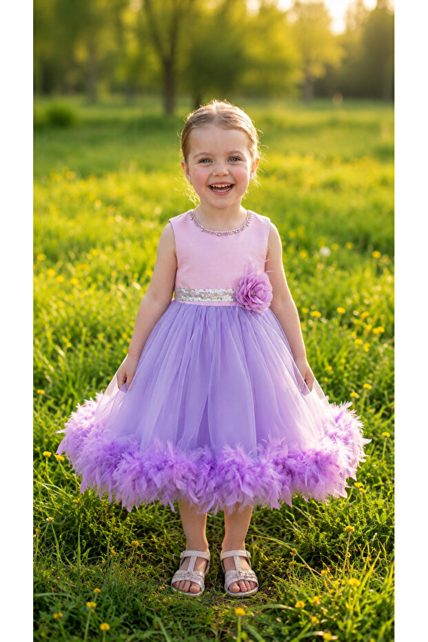 Luxury Heart Detailed Feathered Girl's Dress