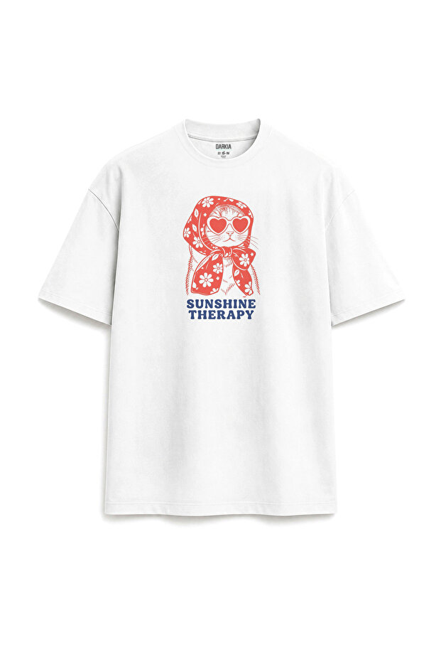 Sunshine Cat Retro Printed Design Relax Fit White T-Shirt