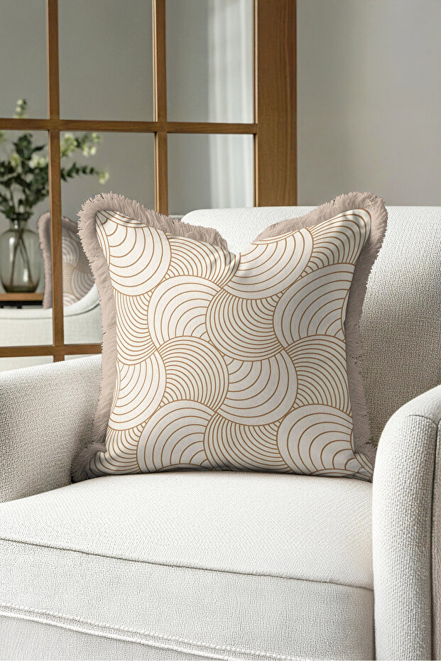 Art Deco Geometric Patterned Fringed Pillowcase - Eclectic Beige Cream Mink Tassel Throw Pillow Cover