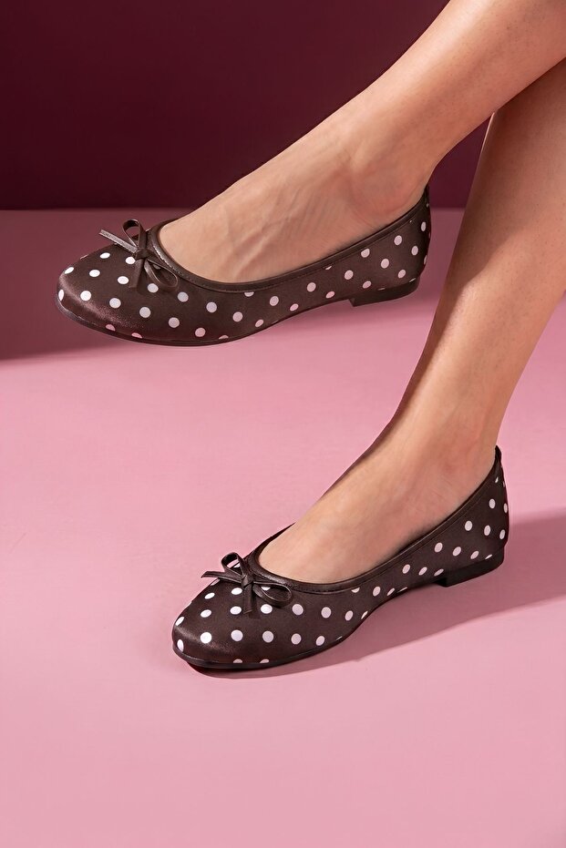 Sintra Brown Satin Polka Dot Bow Ballerina Flats