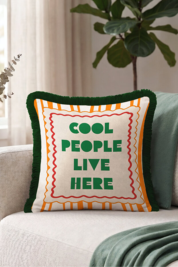 Cool People Live Here Retro Fringed Pillowcase-Orange Bohemian Green Black Tassel Throw Pillow Cover