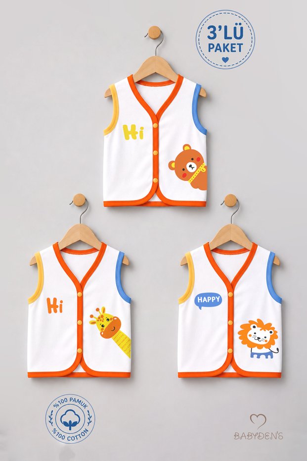 3-Piece Baby Vest 100% Cotton with Snap Fasteners Seasonal Newborn Baby Vest Set Safari Printed Unisex 0-9 Months