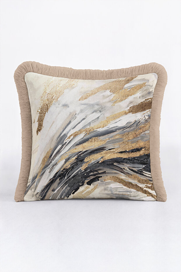 Modern Abstract Marble Fringed Pillowcase - Artistic Bohemian Gray Gold Mink Tassel Throw Pillow Cover