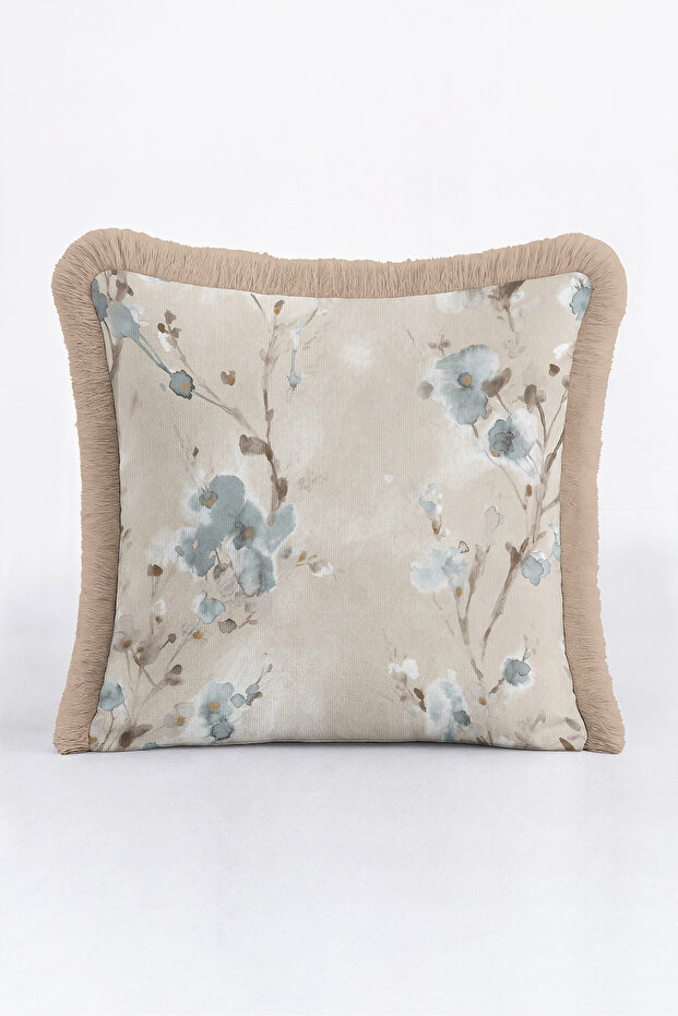 Floral Soft Tone Fringed Pillowcase - Romantic Botanical Boho Beige Mink Tassel Throw Pillow Cover