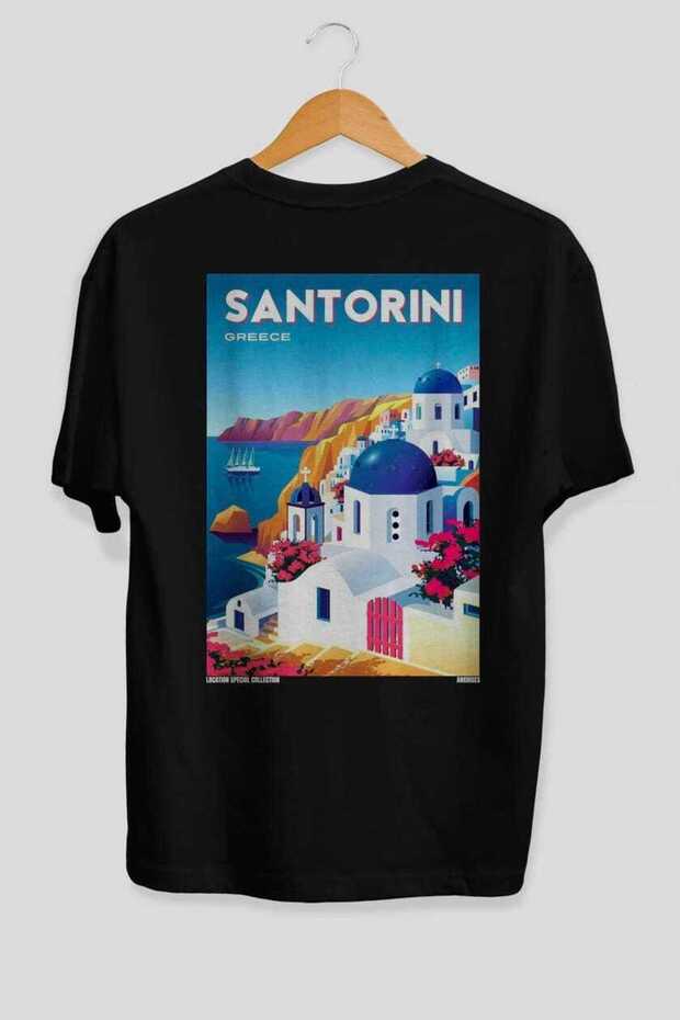 Santorini Greece 3 Black Oversize Country City Back Printed Unisex T-Shirt 100% Cotton Premium