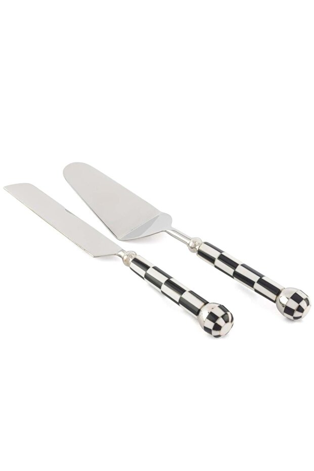 2-Piece Silver Black and White Cake Serving Set