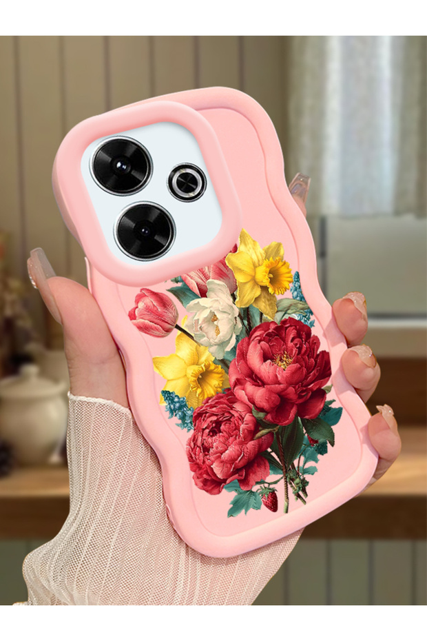 Redmi 13 4g Compatible Case Camera Protector Pink Silicone Couple Phone Case Floral Pattern