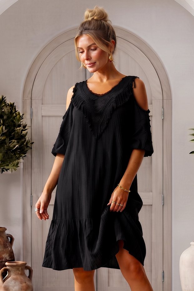 Black Lace Collar Flounce Sleeve Lined Skirt Ruffle Casual Wrinkled Woven Dress 97 62