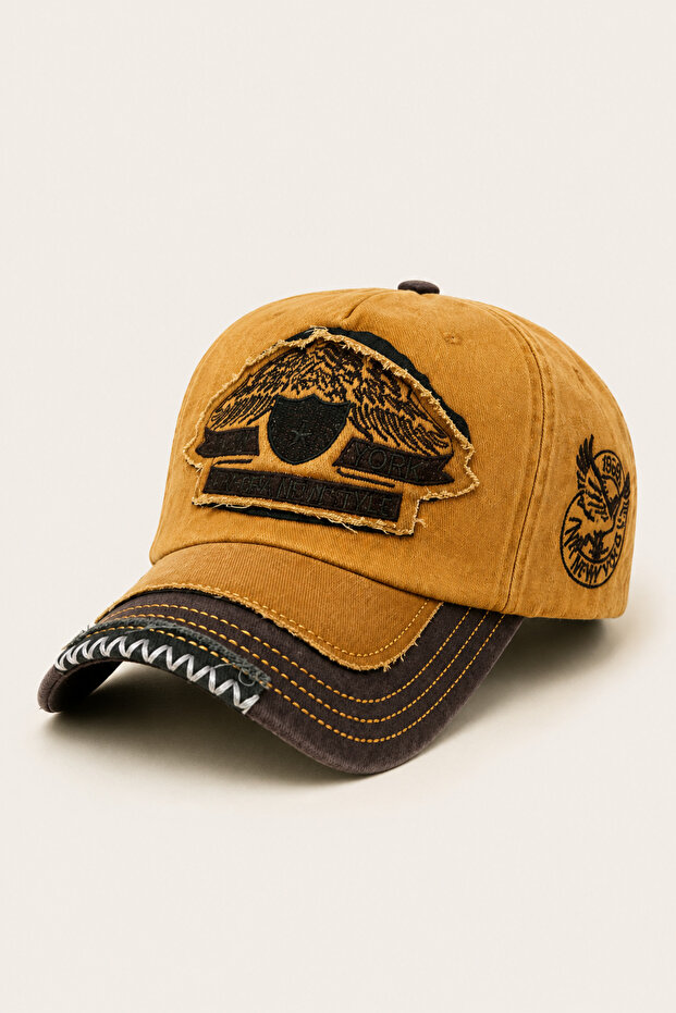 Men's Mustard Vintage Distressed Baseball Cap Adjustable Embroidery Detailed Premium Cap
