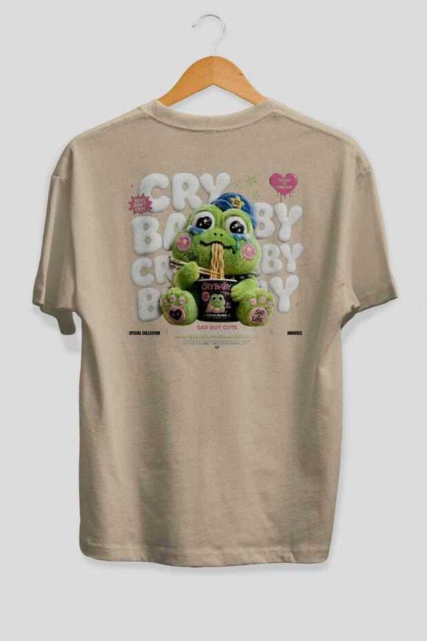 Cry Baby Oversize Back Printed Beige T-Shirt Unisex %100 Cotton Premium Design Streetwear