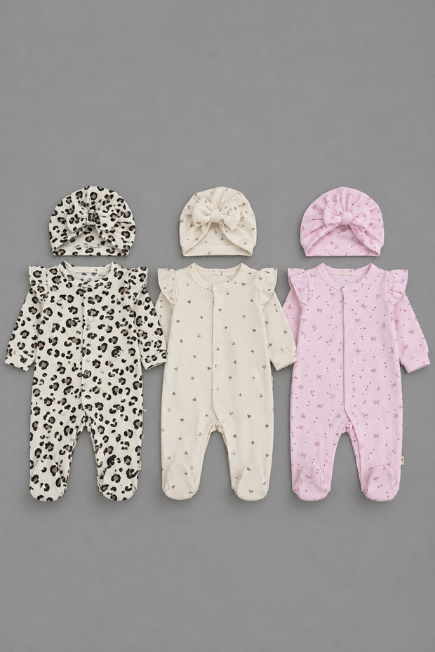 Baby Girl 6 Piece 100% Cotton Ruffle Shoulder Footed Baby Romper Set - with Hat