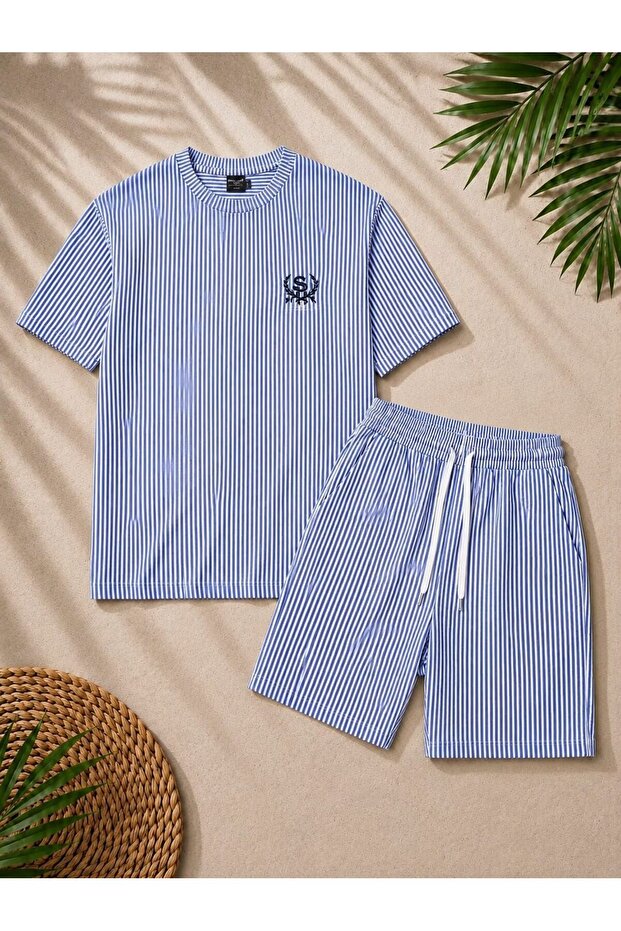 Mooda Omri Fabric Men's Shorts Set – Striped Summer Combination – Available in Large Sizes