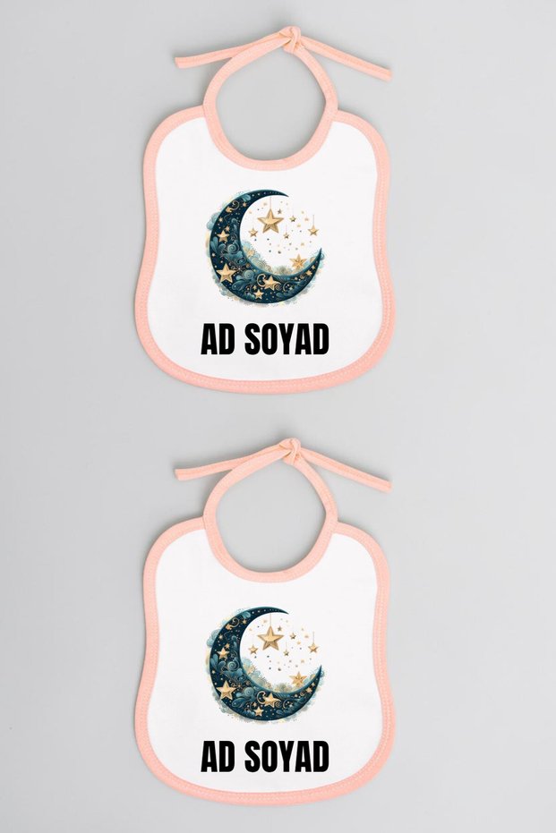 Modern Moon Printed 2-Piece Linen Pink Baby Bib - Baby Bib, Baby Bib, Baby Feeding Bib