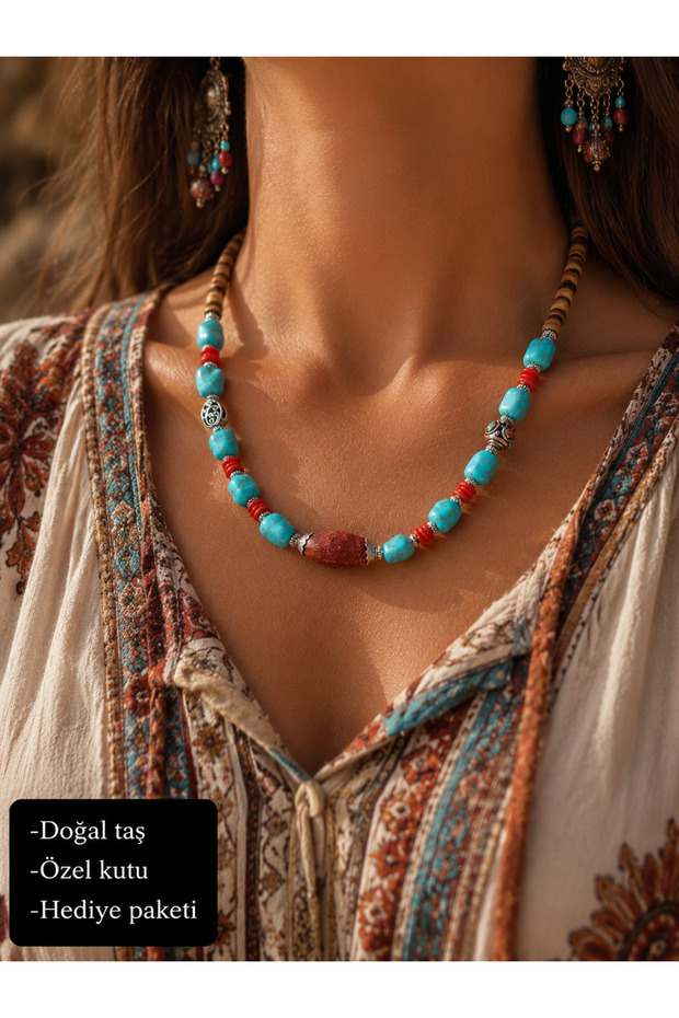 Natural Turquoise Stone Bohemian Wooden Bead Necklace – Handmade Gift Necklace