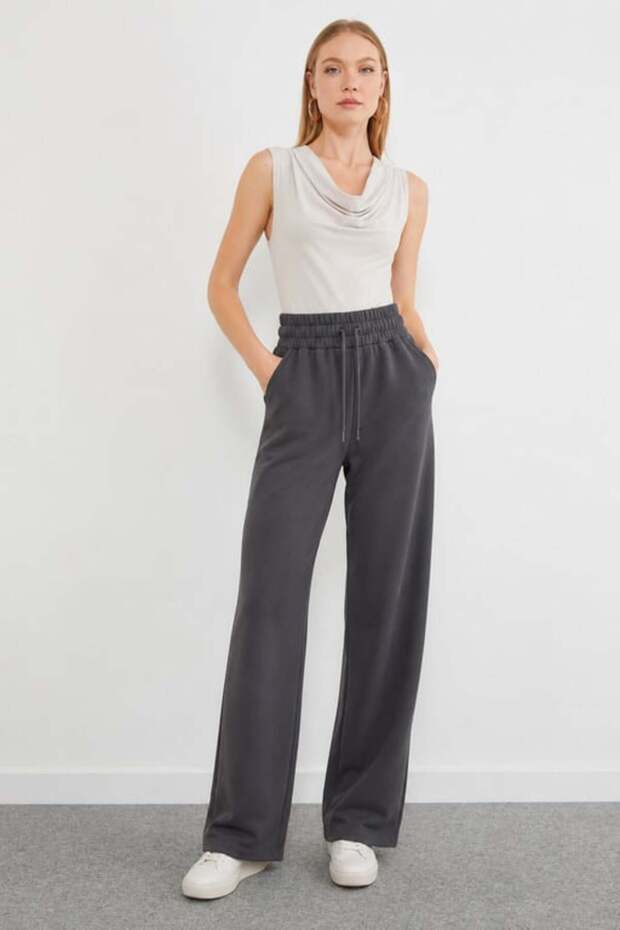 Women's High Waist Wide Leg Pocketed 2 Thread Sweatpants Bottoms 3038