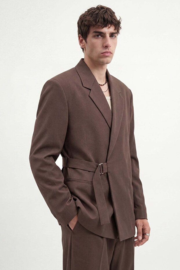 Brown Relax Fit Belted Blazer Jacket