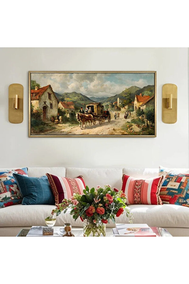 Signtouch Heritage Carriage Village Canvas Wall Art 60x120 cm With Outer Frame
